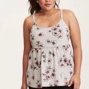3X // Torrid Gray And Pink Floral Print Braided Trim Sleeveless Babydoll Top